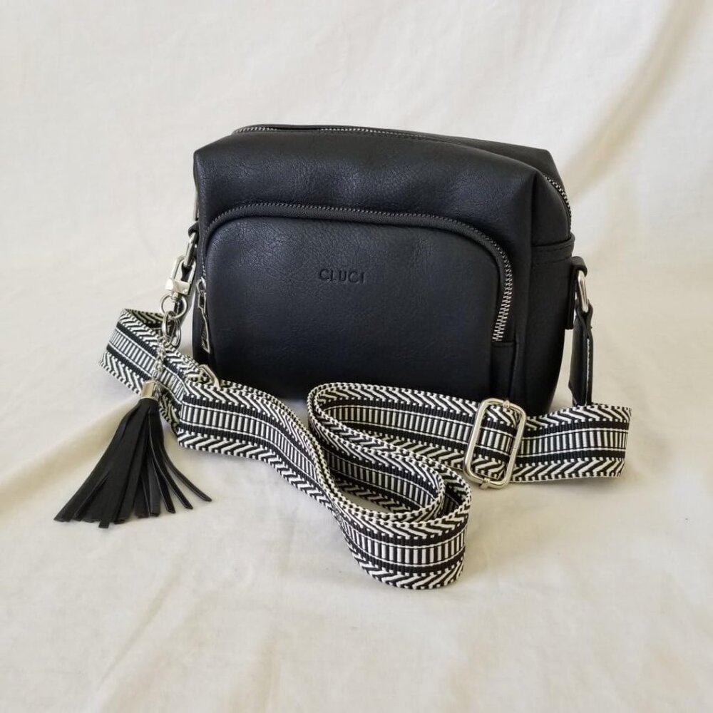Women Black Vegan Leather  Crossbody Bag with Adjustable Wide Strap